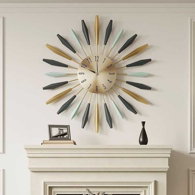Cuspin Mid Century Modern Wall Clock, Large Colorful Starburst 28 Inch Wall Clock Battery Operated, Metal Decorative Sunburst Clocks for Living Room Kitchen Bedroom Office Decor