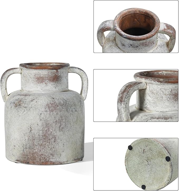 Ceramic Vase with Handles, 6.3 Inch Rustic Flower Vase, Farmhouse Table Decor, Distressed Terracotta Jug for Home Decor, Vintage Centerpieces for Tables, Shelf, Mantel, Living Room Decoration