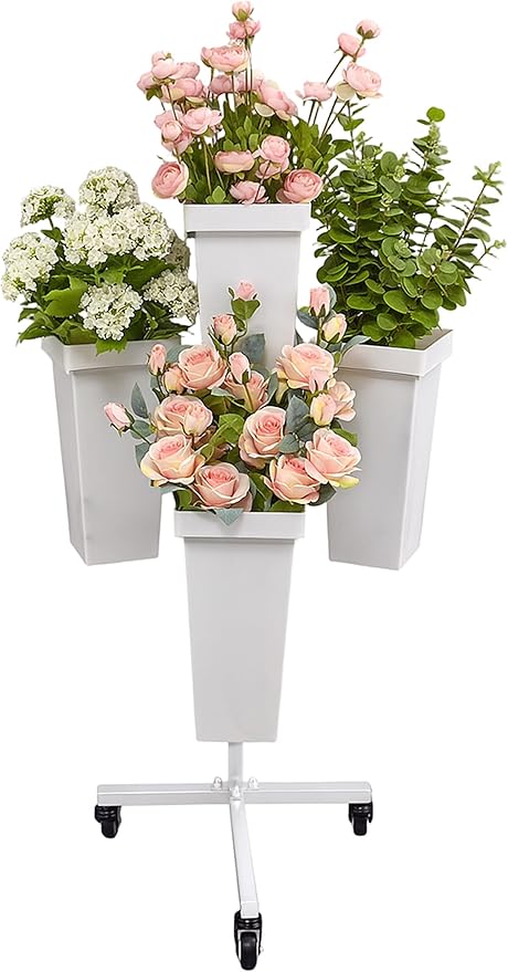 Flower Display Stand with Buckets - Flower Cart with Wheels for Bouquet Shop, Metal Flower Rack Display Stand for Wedding Garden, Party, Events (White, Square buckets)