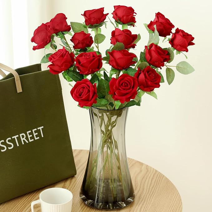 15Pcs Pearl Red Roses Artificial Flowers Fake Roses Long Stem Velet Rose Silk Flowers for Home Wedding Decoration (Pearl Roses,Red)