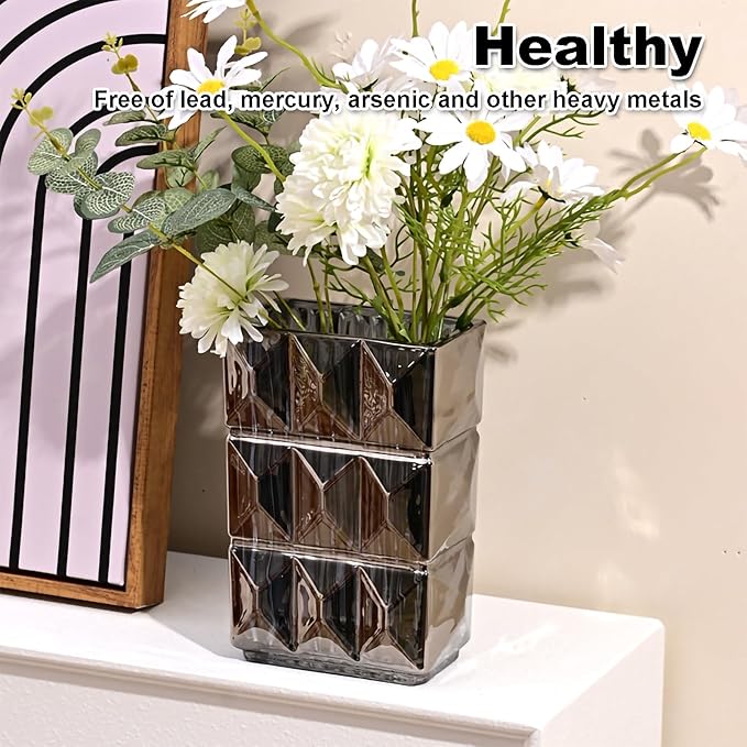 Glass Flower Vase, Clear Crystal Vases for Centerpieces, Heavy Handmade Modern Vases for Decor Home Bedroom Kitchen Office Living Room, 7.88 Inch (Clear Gray)