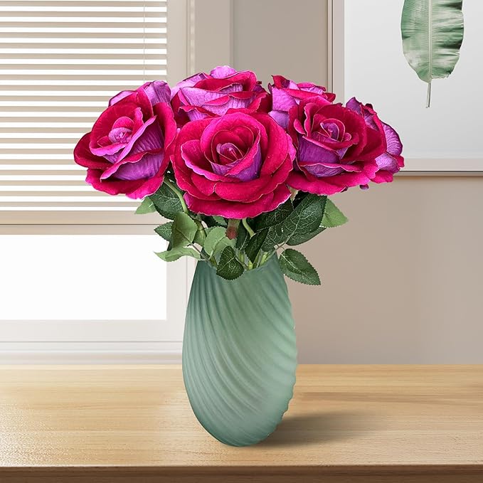 10-Pcs Artificial Rose Bouquets Faux Flowers with Flannel and Silk-Like Touch Highly Realistic Handmade Ideal for Home Office Wedding Hotel Festival Party Decorations Gifts Props (Fuchsia)