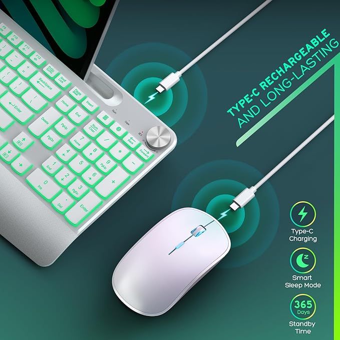 JOYACCESS Ergonomic Wireless Keyboard with Phone Holder,Rechargeable Backlt Wireless Keyboard Mouse Combo with Light Up Keys for for Laptop, PC, Mac, Windows-Silver White
