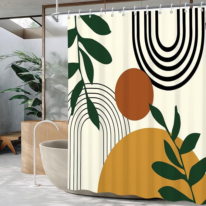 Boho Geometric Shower Curtain Beige Mid Century Abstract Arch Curve Bathroom Curtain Minimalistic Sun Shower Curtain Sets for Bathroom Extra Long 72x78 in with 12 Hooks