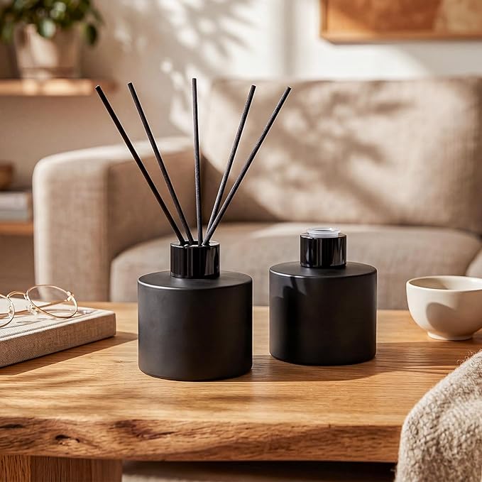 Chunful 2 Sets Black Reed Diffuser Bottle Empty Refillable Fragrance Glass Diffuser Bottles 100ml Round Glass Jars with Black Caps & Rattan Sticks for Living Room Home Replacement Fragrance DIY