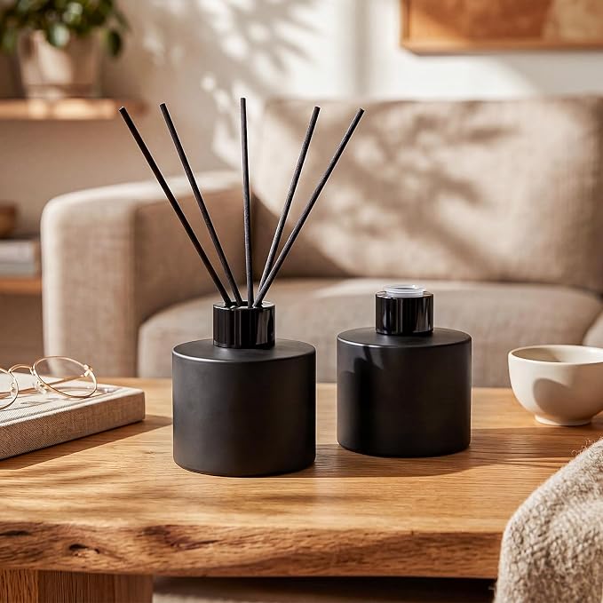 Chunful 4 Sets Black Reed Diffuser Bottle Empty Refillable Fragrance Glass Diffuser Bottles 100ml Round Glass Jars with Black Caps & Rattan Sticks for Living Room Home Replacement Fragrance DIY