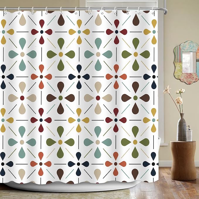APROPHIC Mid Century Retro Shower Curtain 72x72 Inches, Vintage Geometric Pattern Bathroom Curtain with Hooks, Waterproof Polyester Fabric for Bath Shower, Machine Washable Home Decor for Bath, White