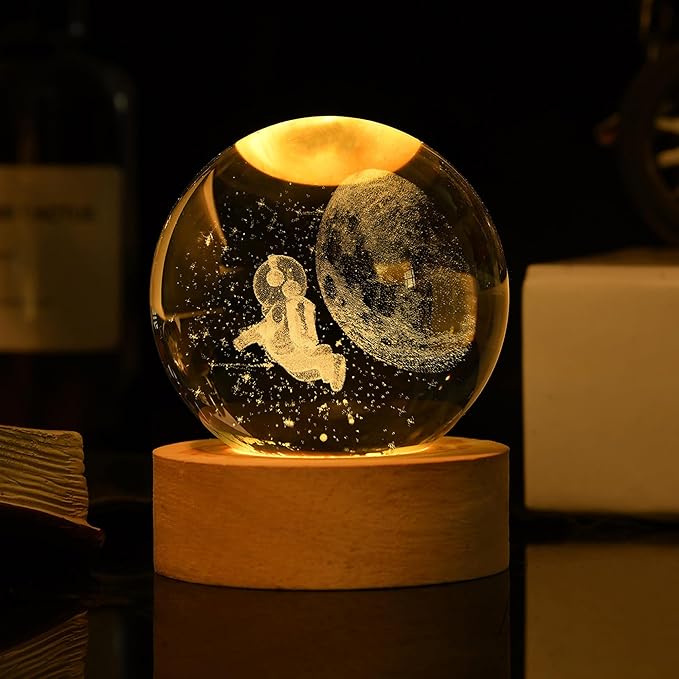 Astronaut Crystal Ball with LED Light Base, 60mm Glass Sphere Decorative Balls, Universe Space Galaxy Lamp Gifts