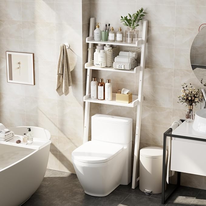 Over The Toilet Storage Shelf Wood, 3-Tier Above Toilet Organizer Rack, Freestanding Above Toilet Shelf for Bathroom, Laundry, Space Saver, White Color.
