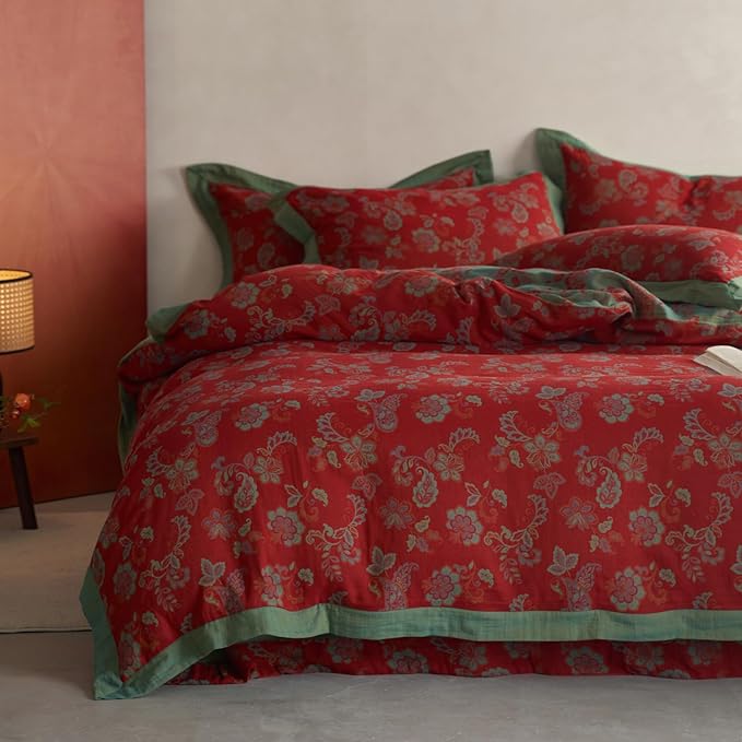 mixinni Exquisite Vintage Red Floral Duvet Cover Queen Size Yarn-Dyed Jacquard Textured Design Duvet Cover Set with Green Edge Design Premium Muslin Cotton-Linen Bedding Set for All Season-Queen Size
