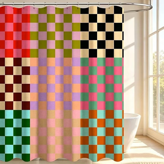 Linen Checkerboard Shower Curtain Seats,Mid-Century Geometric Curtains for Bathroom,Morden Boho Colorful Art Shower Curtains 72x72 Inch