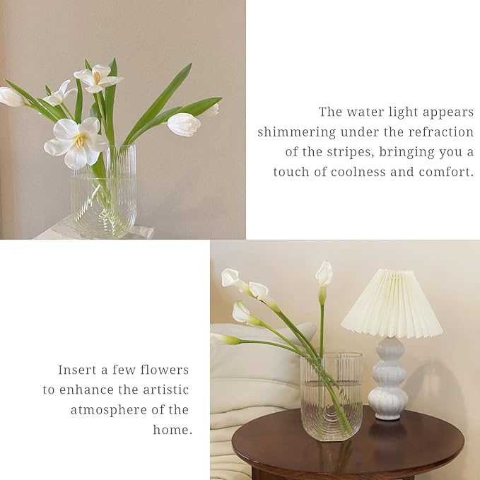 Clear Ribbed Glass Flower Vase, 7" H Modern Small Vase, Ellipse U Shaped Fluted Striped Decorative Vase, Fit for Home Living Room Table Decor (Open:5.11" x 2.36")