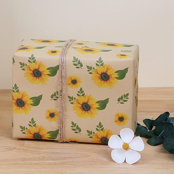 Aimyoo Kraft Floral Wrapping Paper Bundle, Vintage Spring Flowers Rose Gift Wrap Paper for Wedding Bridal Shower Birthday, 3 Rolls 17 in x 12 ft per Roll