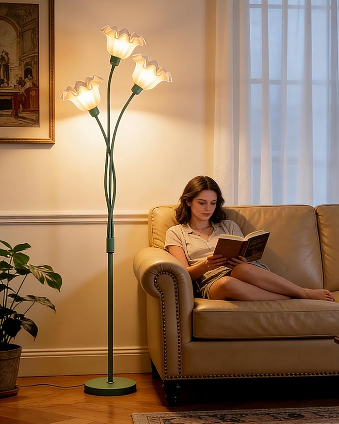 Flower Floor Lamp for Living Room, Modern Tree Floor Lamp with Adjustable Heads, 3 Light 3000K Soft Warmwhite Mid Century Standing Tall Lamp with 5Lbs Heavy Base for Bedroom Kids Room-Green