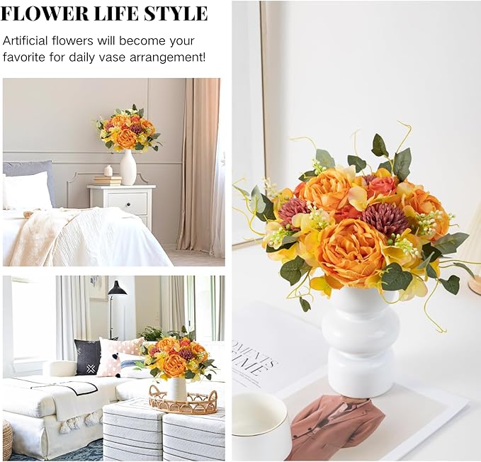 ASTRYAS 2 PCS Fall Peonies Artificial Flowers Bouquet, Yellow Fake Roses Silk Mums Fall Floral Arrangements for Autumn Home Decor Indoor Table Centerpieces Decoration