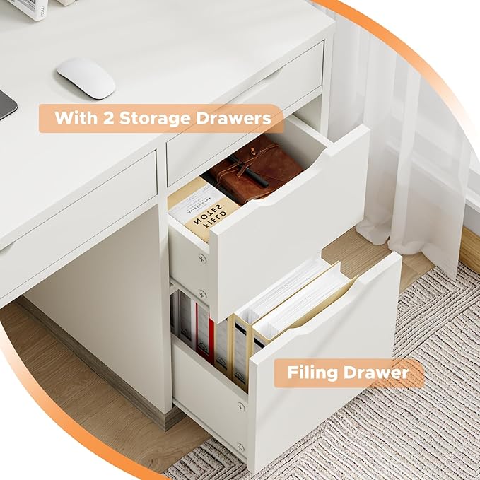 48 Inch White Desk with Drawers, Small Desk with 4 Storage Drawers for Kids, Computer Study Desk with Filing Drawers for Home Office