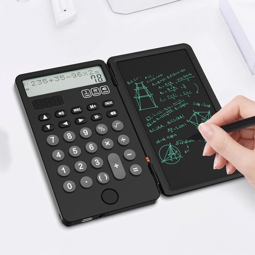NEWYES Portable Calculator - Rechargeable Solar Power Desk Calculator with Notepad | 2-Line 12-Digit Display (Black)