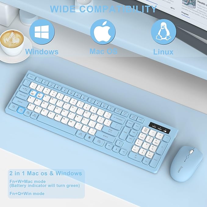 Wireless Keyboard and Mouse Combo, Full-Sized Wireless Keyboard and Adjustable DPI Mouse, 2.4GHz USB Receiver, Silent Keyboard and Mouse for PC, Windows, MAC, Desktop, Laptop(Sky Blue-B)