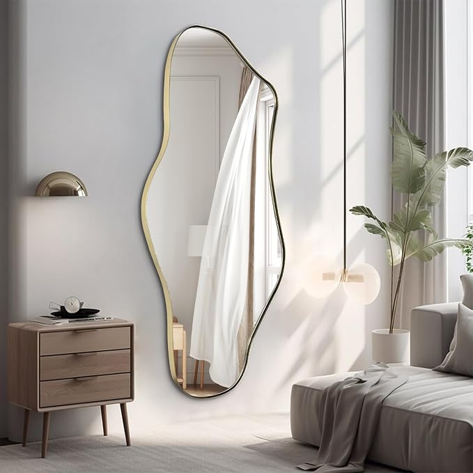 Irregular Mirror Full Length, 63.4"x29" Large Asymmetrical Mirror with Gold Metal Frame, Modern Abstract Wall Mirror for Living Room Bedroom Entryway, Hangs Vertically or Horizontally