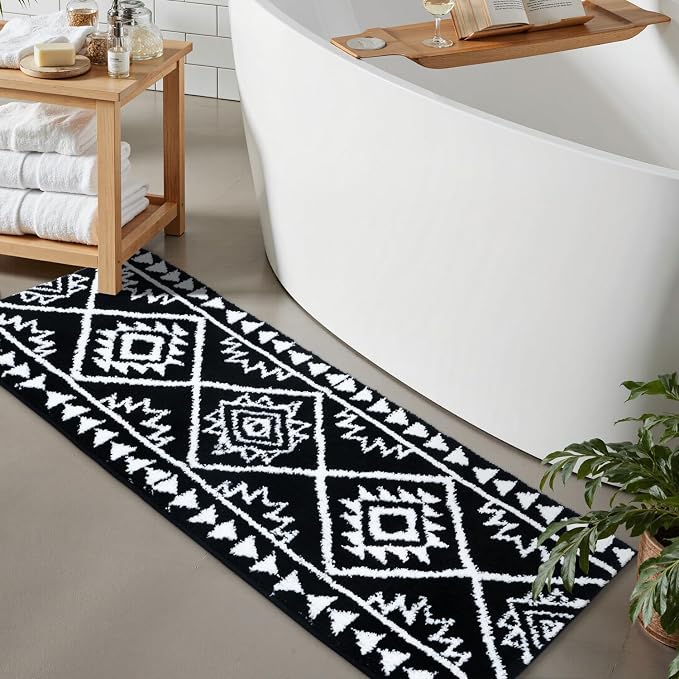Uphome Black Long Bathroom Rug Boho Tribal Bathroom Runner Western Non-Slip Washable Bath Mat Fluffy Soft Absorbent Farmhouse Aztec Floor Carpet for Kitchen Hallway Bedroom, 20x60 inch