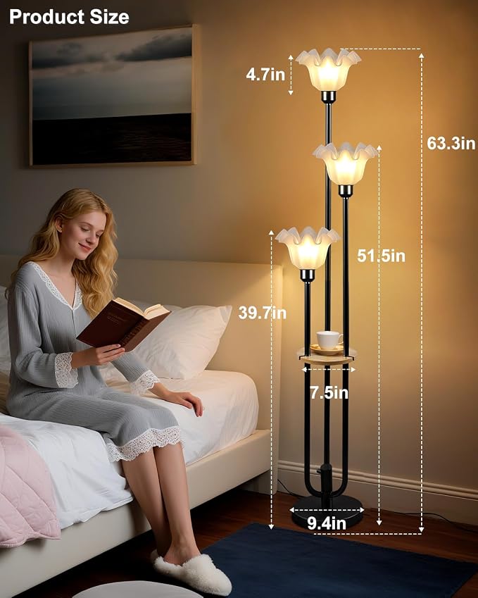 Vintage Flower Floor Lamp for Living Room, Mid Century Modern Floor Lamp Dimmable with Shelf & LED Bulbs, 3 Light 3000K Warmwhite Black Tall Standing Lamp for Bedroom Girls Room Home Decor