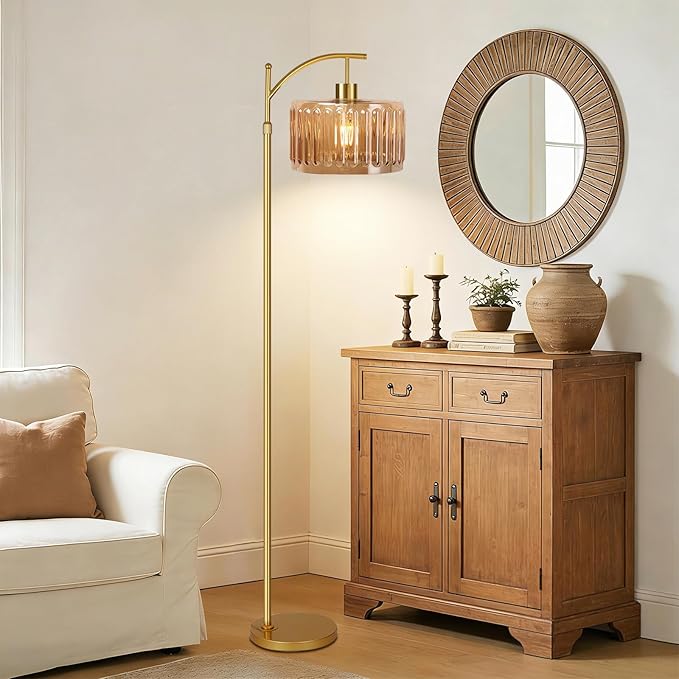 QIYIZM Glass Floor Lamp for Living Room,Bedroom,Gold Dimmable Standing Lamp with Remote,Mid Century Modern Brass Tall Lamp Boho Vintage Retro Floor Lamps Arc Amber Flower Floor Light Lamp Bohemian
