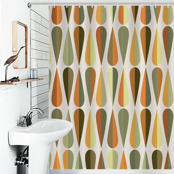 Mid Century Modern Shower Curtain,Retro Abstract Geometric Drop Shapes Art Style Shower Curtains Set for Bathroom Fabric Decorative Bath Curtain Washable Curtain Hooks, 72x72”