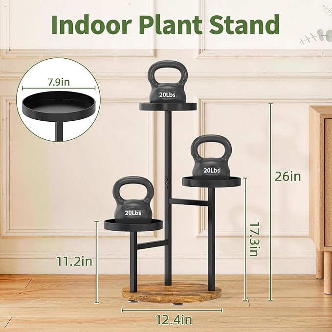 LASZOLA 3 Tier Metal Plant Stand for Indoor Corner, Heavy Duty Wooden Flower Holder Rack for Mutiple Plants, Planter Display Shelf for Patio Garden Balcony Living Room, Black