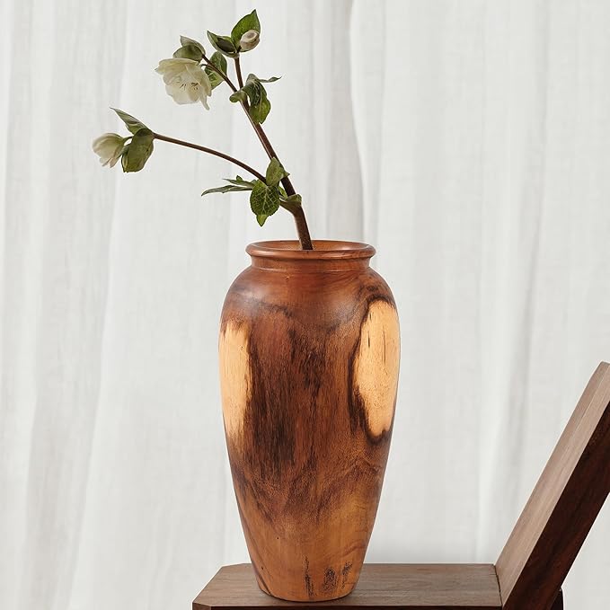 Natural Wood Vase 7.1" x 7.1" x 19.7" H Wooden Brown Handmade Acacia Vase Rustic Decorative Flower Holder Vintage Artworks Planter for Living Room Floor Home Christmas Décor