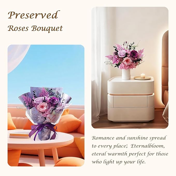 Preserved Roses Bouquets,Flowers for Delivery, Eteranl Purple Rose Bouquets Long-Lasting Real Flowers,Birthday Flowers Gifts for Mom Women Friends, Mothers Day for Grandma Wife Her(Purple)