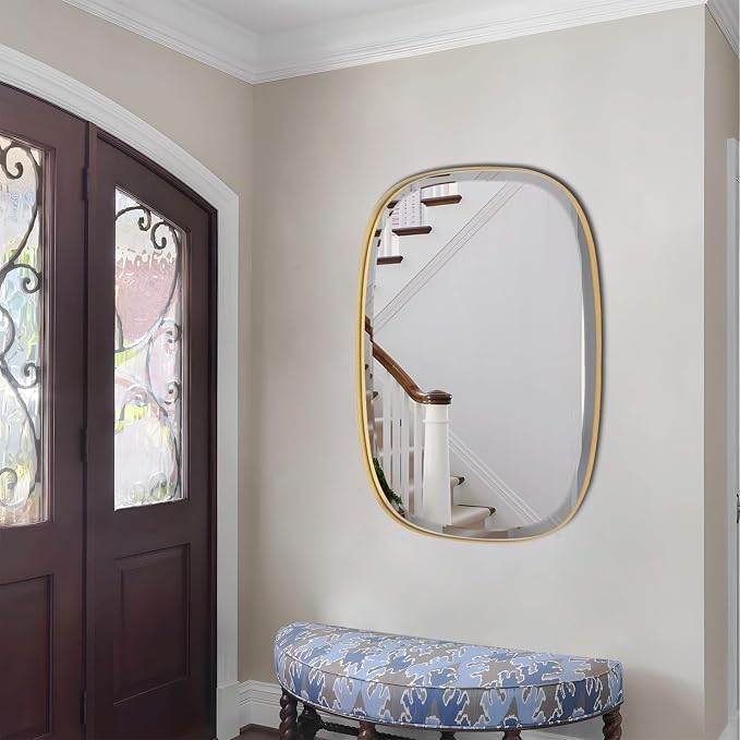 POZINO Bathroom Beveled Mirror, 32"x24" Brushed Gold Vanity Mirrors with Stainless Steel Frame, Rectangle Aesthetic Wall Mirror for Entryway Hallway Bedroom Living Room, Horizontal or Vertical Hanging