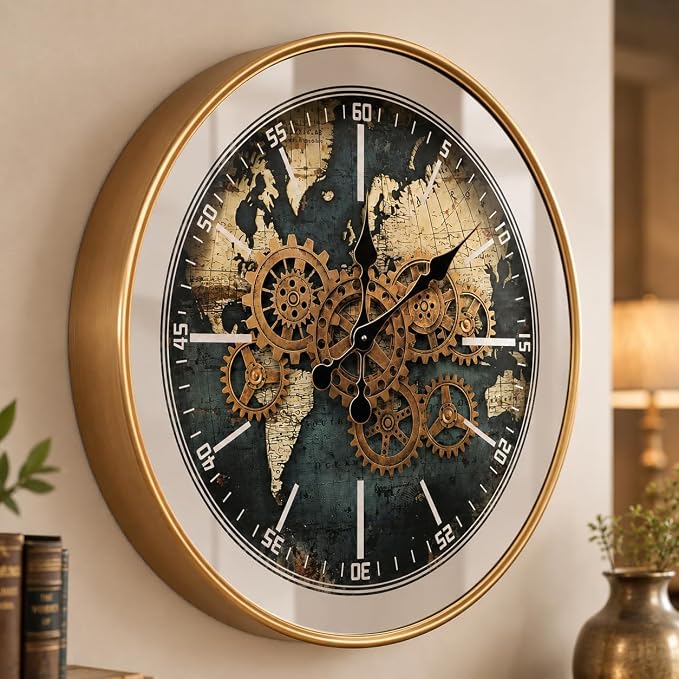 October Elf Large Moving Gear Wall Clock 23 Inch | Moving Gears/Industrial Iron Frame/Mirrored Glass/ World Map Dial/Modern /Extra Hands/ Living Room Decor/Housing Warming Gift