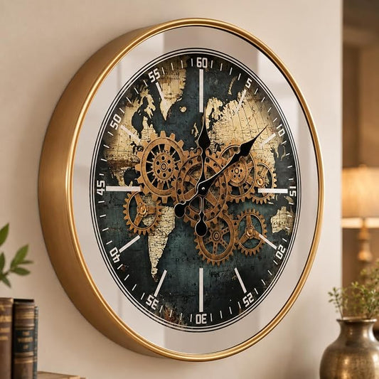October Elf Large Moving Gear Wall Clock 23 Inch | Moving Gears/Industrial Iron Frame/Mirrored Glass/ World Map Dial/Modern /Extra Hands/ Living Room Decor/Housing Warming Gift