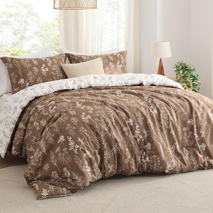 Bedsure Twin/Twin XL Comforter Set - Brown Bed Set, 2 Pieces Cute Floral Bedding, 1 Soft Reversible Botanical Flowers Comforter and 1 Pillow Shams