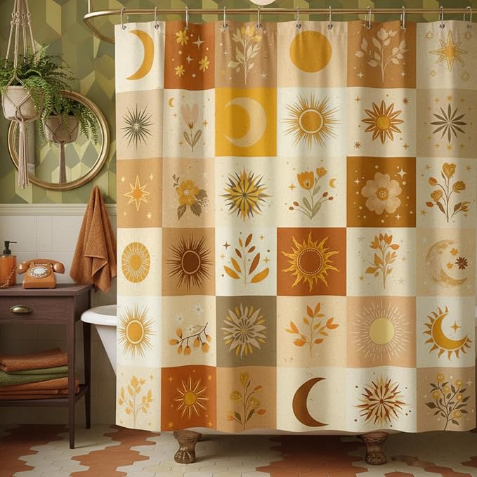 Boho Sun and Moon Shower Curtain, Mid-Century Modern Burnt Orange & Sage Grid Design, Abstract Floral Botanical Celestial Aesthetic Bathroom Decor, Waterproof Fabric, 72x72 Inch.