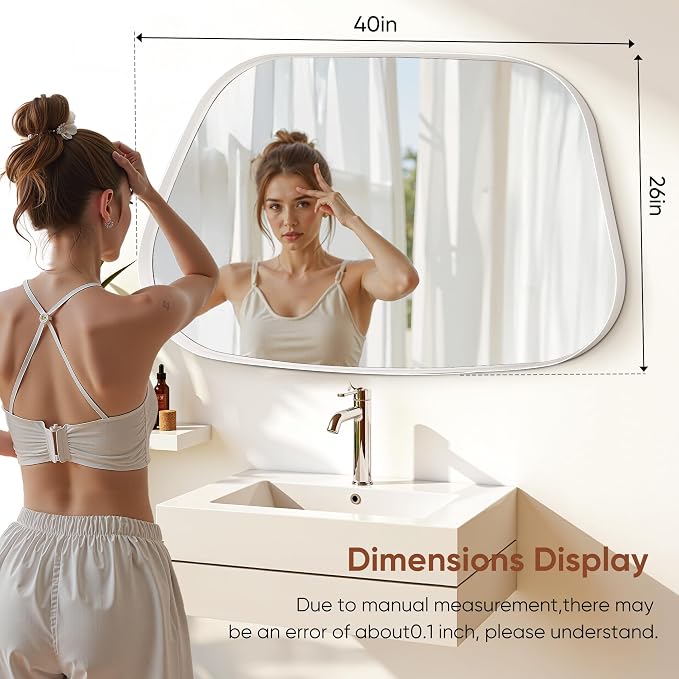 Irregular Wall Mirror 26"x40" Bathroom Mirrors Asymmetrical Artistic Decorative for Living Room Bedroom Bathroom Hallway Entryway,Trapezoid,White