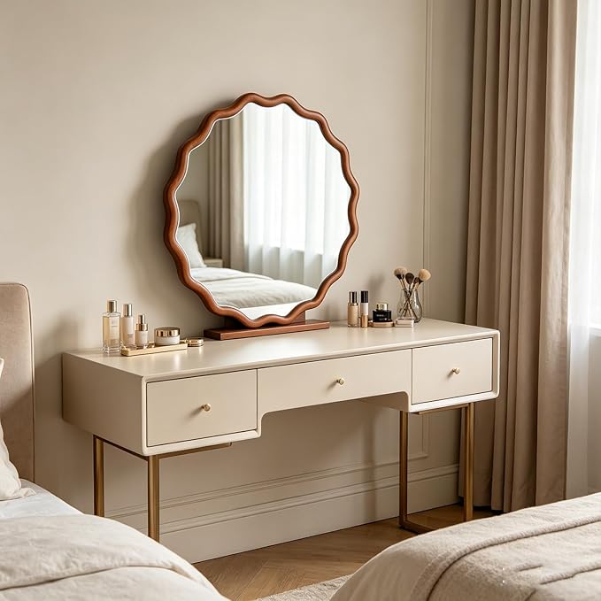 24" Wavy Edge Round Mirror, Solid Wood Framed Wall Decor with Clear Reflection for Bathroom, Bedroom, Living Room & Entryway (Yellowish-Brown)