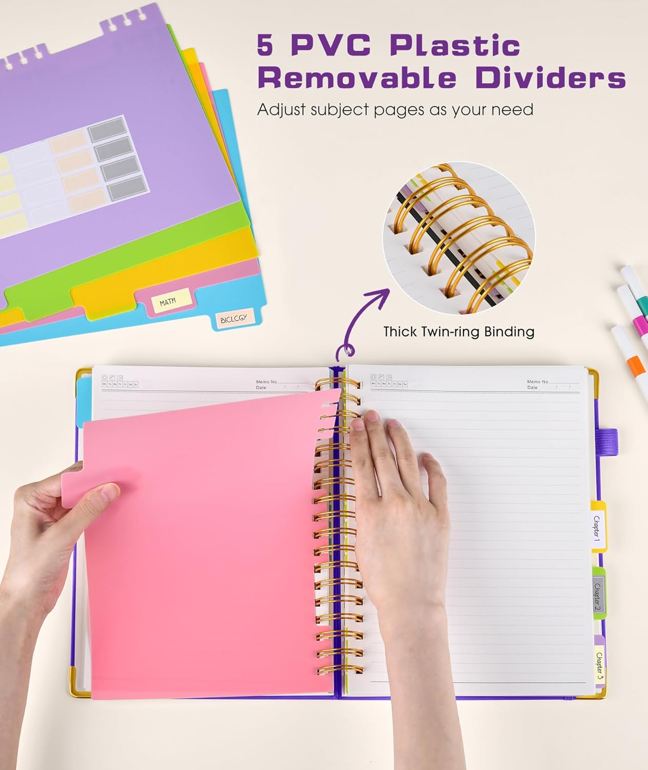 Skiennix Hardcover Spiral Notebook - 300 Pages with Removable Dividers | 8"x10" Dark Purple Journal for Work & School