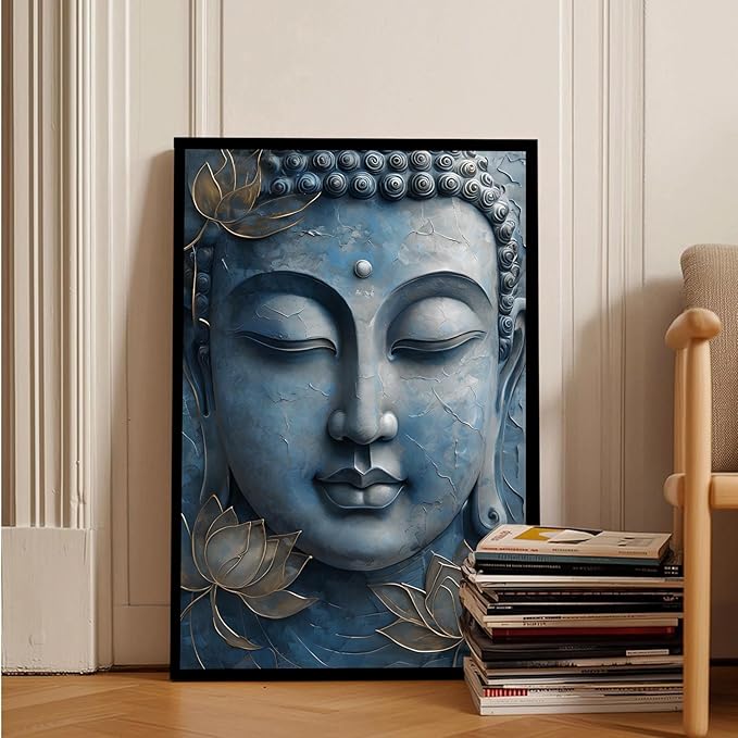 Canvas wall art Golden lotus crown Serene Buddha poster Ethereal blue toned art with delicate floral decor Zen wall art for a tranquil meditation space 12x18in Metal blackFramed
