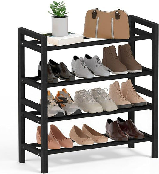 Haddockway Bamboo Shoe Rack for Closet, Free Standing Shoe Organizer with Smooth Round Rods & Convenient Handles, Stackable Shoe Storage Shelf for Entryway, Hallway(Black, 4-Tier(Small))