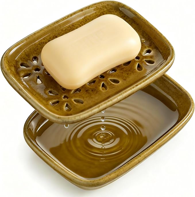Miamolo 2 Layer Soap Dishes for Shower with Drainage, Large Bar Soap Holder for Bathroom Kitchen Sink Bathtub, Removable Slotted Design for Self Draining Non-Slip Base, Dishwasher Safe, Yellow
