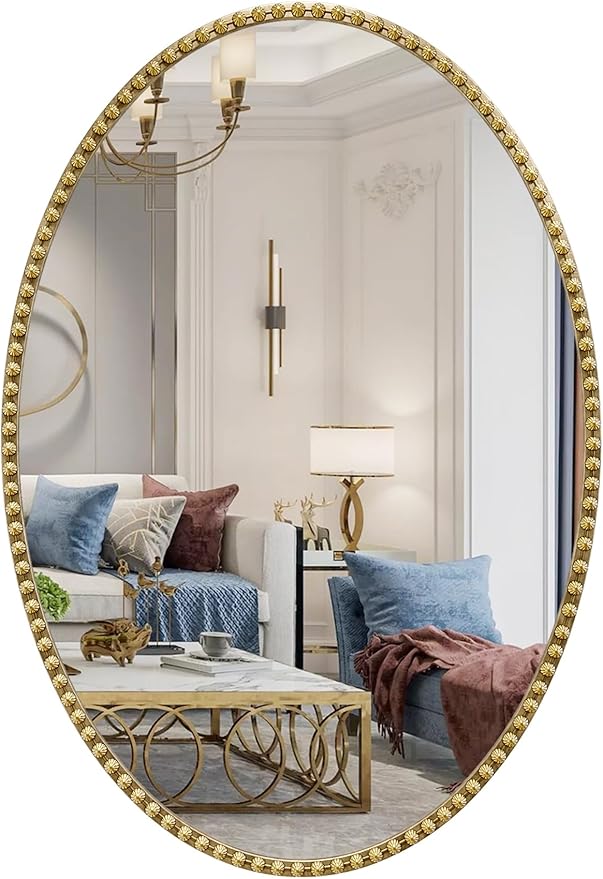 Gold Oval Bathroom Mirror, 26x38 Inch Floral Oval Mirrors for Wall, Antique Gold Metal Floral Frame Mirrors for Bedroom Living Room Hallway, Hangs Horizontally or Vertically