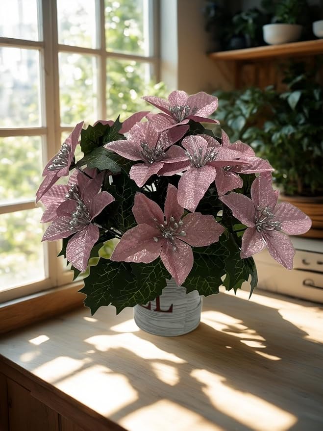 8 Pack 5 Heads Christmas Artificial Poinsettia Flowers Faux Poinsettia Bush Bouquets Silk Poinsettia Christmas Tree Ornaments Poinsettia Flower Arrangement for Home Decor