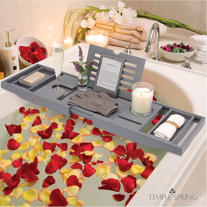 Temple Spring Bamboo Bathtub Tray Caddy for Tub — Expandable Wood Bath Tray with Solid Book Stand Wine Holder and Non-Slip Pads — Includes Bamboo Soap Dish and Spa Accessories — Luxury Bath Gift Set
