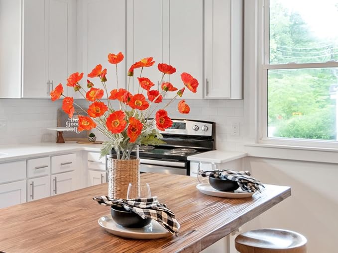 6PCS Dark Orange Poppy Flowers Artificial Silk Faux Poppies Bouquet with Long Stems for Outdoor Indoor Home Kitchen Halloween Fall Decor