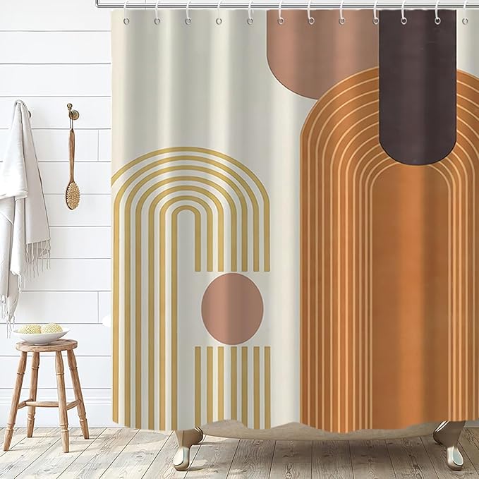 Mid Century Modern Extra Long Shower Curtain, Boho Brown Arch Geometric Machine Washable Waterproof for Bathroom Bathtub with Hooks 72Wx84H