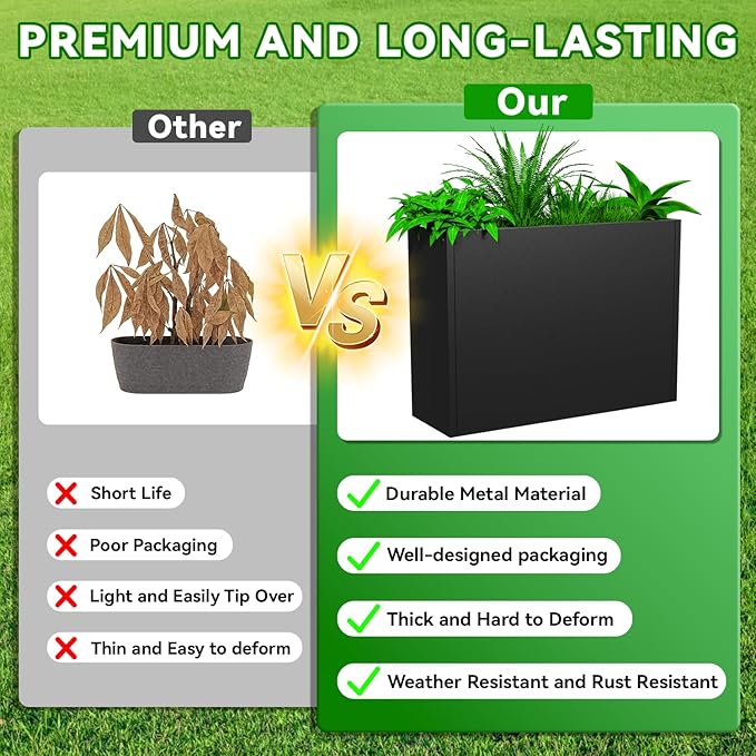Metal Planter, 30L x 10W x 24H, Heavy Duty Tall Planters for Outdoor Plants, Black Planters with Removable Insert Shelf, Large Planters with Drainage Holes for Porch, Patio and Yard, Black