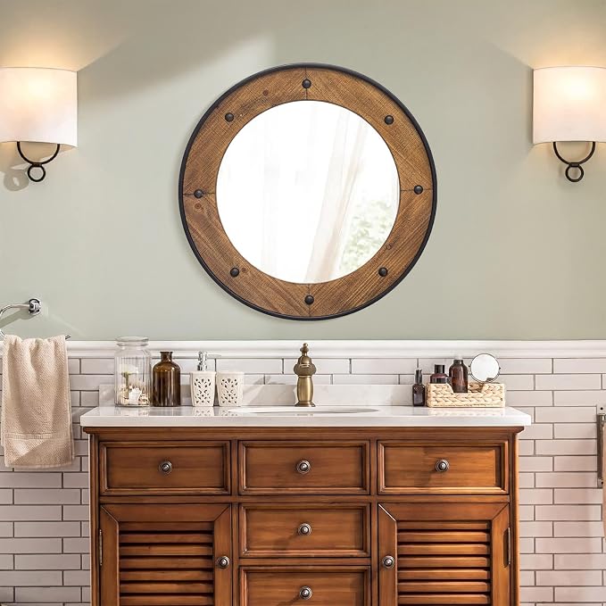 Rustic Round Wall Mirror 24 Inch, Natural Wood Frame with Black Metal Trim, Industrial Farmhouse Style Wall Mirror with Decorative Nailhead Accents for Bathroom, Living Room, or Entryway