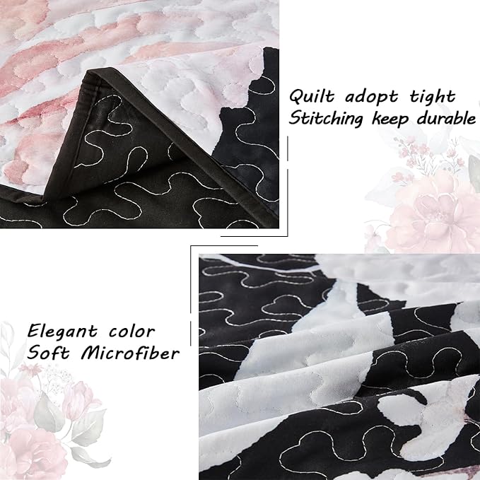 Yogeneg Full Queen Size Quilt Set, Pink Floral Botanical Pattern Black Bedding Set,3 Piece Lightweight Soft Summer Bedspread Coverlet with 2 PIillow Sham for All Season(Pink Floral,90"x96")