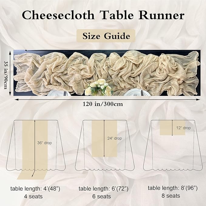 Booque Valley 6 Pack Beige Cheesecloth Table Runner 10ft Super Soft Boho Wrinkled Gauze Sheer Cloth for Baby Shower Baptism Birthday Party Wedding Centerpiece Table Decoration, 35x120 Inch